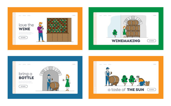 Winemaking Landing Page Template Set. Wine Producing and Drinking. Man with Bottle, Woman Drink Wine, Stomping. Organic Grapes, People Produce Natural Vine Production. Linear Vector Illustration