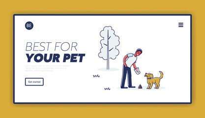 Picking wastes after pets in public places landing page template. Cartoon dog owner cleaning trash