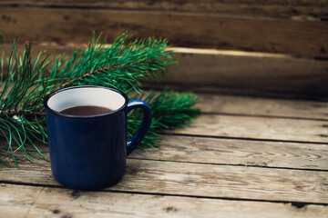 Flat lay winter cozy Christmas vintage background with. The cup of tea or coffee. Christmas atmosphere.