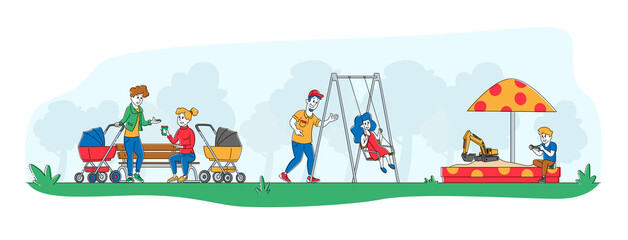 Happy Kids and Parents Characters Fun on Outdoor Playground. Children Ride on Swing, Playing in Sandbox. Active Summer Games on Street. Leisure, Vacation or Holidays. Linear People Vector Illustration