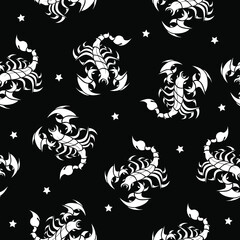 Seamless pattern. Stylized white scorpions and stars on black background. Vector illustration	
