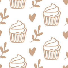 Cupcakes seamless pattern with baked goods
