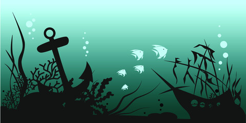 Green underwater life pattern with bubbles and marine creatures. Vector illustration. © Alexandra