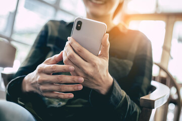 using cell phone.hand woman holding texting message on screen mobile chatting,search internet...