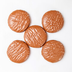 Chocolate Protein bar filled with chocolate sauce, isolated on a white background