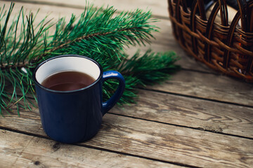 Flat lay winter cozy Christmas vintage background with. The cup of tea or coffee. Christmas atmosphere.