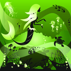 Mermaid and marine creatures underwater life scene. Dream contest. Vector illustration.