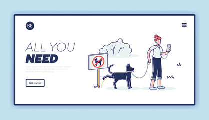 Clean after your dog banner. Template landing page with cartoon woman ignore picking waste rule