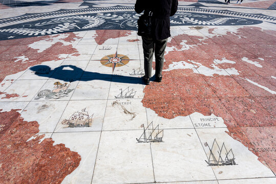 detail of the mappa mundi, created from beige, black and red limestone in Lisbon, Portugal