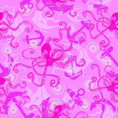 Seamless pattern. Abstract octopus and fish design on pink background. Vector creative illustration.	