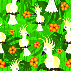 Parrot tropic bird sitting on a bench of tree. Vector illustration. Seamless pattern.	