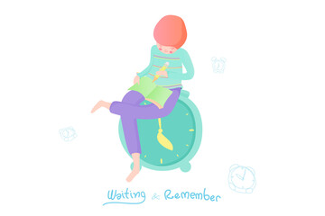 Boy is Still With Memories and Waiting,Cute characters,Rosy cheeks,relax color concept,pink cheek,rosy cheek,soft pastel color,vector illustration for graphic design,textile pattern,website,banner