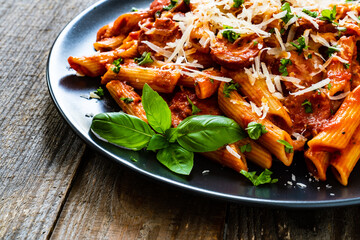 Penne with sausages, tomato sauce, parmesan cheese, basil and vegetables served on wooden table