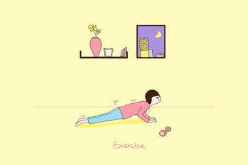 A Boy Exercising Alone in the Room,Cute characters,relax color concept,pink cheek,rosy cheek,soft pastel color,vector illustration for graphic design,textile pattern,website,banner, card,background