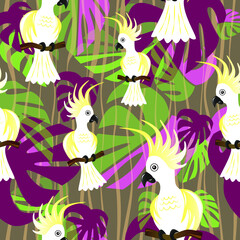 Parrot tropic bird sitting on a bench of tree. Vector illustration. Seamless pattern.