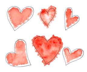 Set of Abstract watercolor sketch red hearts