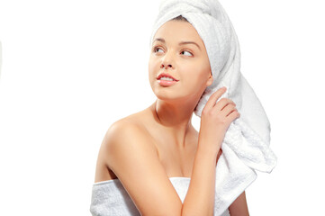 Spa skin care beauty woman wearing hair towel after beauty treatment