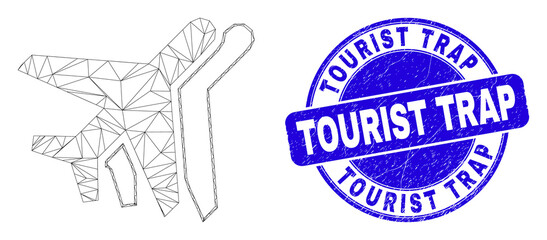 Web mesh airplanes pictogram and Tourist Trap seal stamp. Blue vector rounded scratched seal with Tourist Trap title. Abstract frame mesh polygonal model created from airplanes icon.