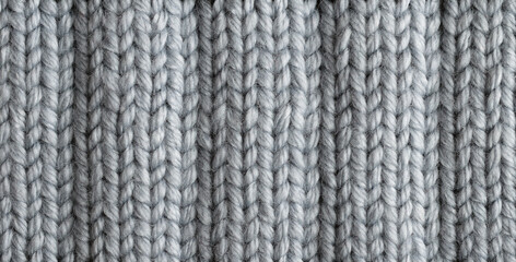 Gray knitted woolen background. Detailed wavy relief knit elastic texture. Handmade dense knitting...