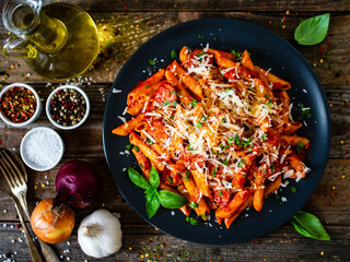 Penne with sausages, tomato sauce, parmesan cheese, basil and vegetables served on wooden table