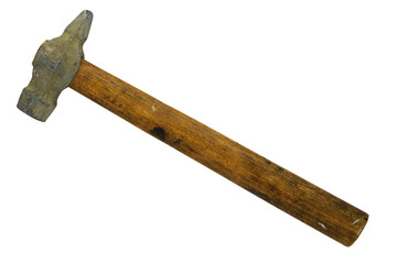 Old used and worn locksmith's hammer with metal head and dirty wooden handle, isolated on a white background. Closeup. Copy space