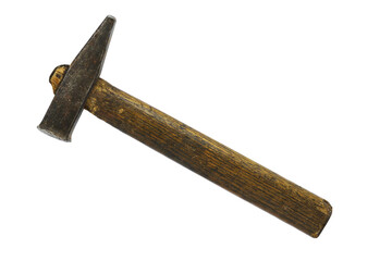 Old used and worn multi-purpose hammer with metal head and wooden handle, isolated on a white background. Vintage hammer. Closeup. Copy space