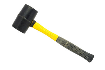 Used dirty rubber mallet isolated on a white background. Black and yellow rubber hammer with stains and scratches. Closeup. Copy space