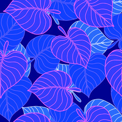 Hand drawn colorful leaves on blue background. Vector illustration. Seamless pattern.