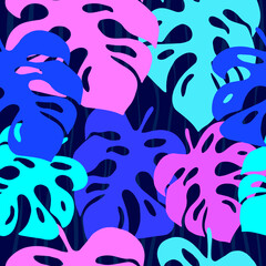 Naklejka premium Colorful tropical monstera leaves on black background. Vector illustration. Seamless pattern.