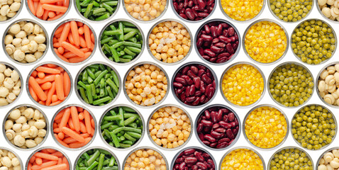 Seamless food background made of opened canned chickpeas, green sprouts, carrots, corn, peas, beans and mushrooms on white background