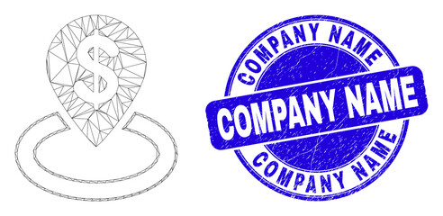 Web carcass bank location icon and Company Name seal stamp. Blue vector round textured seal stamp with Company Name phrase. Abstract frame mesh polygonal model created from bank location pictogram.