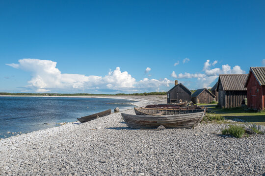 Helgumannens fishing village on Swedish Baltic sea island Faro on northern Gotland. This is a major tourist attraction today.