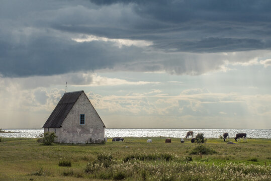 Koviks chapel during a rainy summer day in Gotland, Sweden