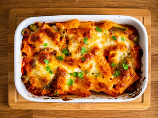 Pasta casserole with minced meat, mozzarella cheese and vegetables on wooden table
