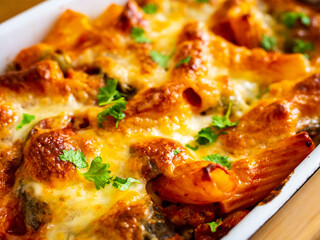 Pasta casserole with minced meat, mozzarella cheese and vegetables on wooden table
