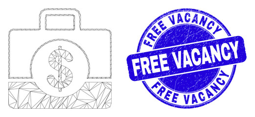 Web mesh business case icon and Free Vacancy seal stamp. Blue vector round scratched seal stamp with Free Vacancy caption. Abstract carcass mesh polygonal model created from business case icon.