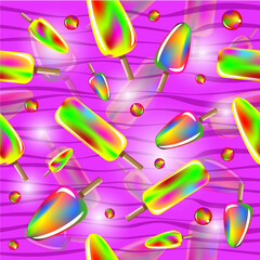 Seamless pattern. Colorful ice cream on green background. Vector illustration.