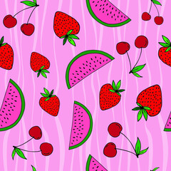 Hand drawn strawberry, watermelon and cherry fruit seamless pattern. Vector illustration.