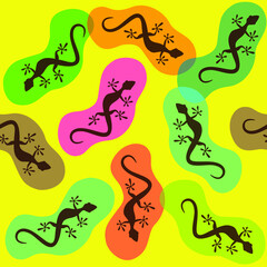 Seamless pattern. Black lizards and colorful contour on yellow backround. Vector graphic illustration.