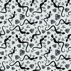 Seamless pattern. Black lizards and monstera leaves on gray backround. Vector graphic illustration.