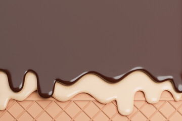 Chocolate and Vanilla Ice Cream Melted on Wafer Background.,3d model and illustration.