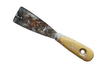 Dirty rusty spatula with wooden handle isolated on a white background. Used small putty knife stained with old plaster, rust and sealant. Closeup. Copy space