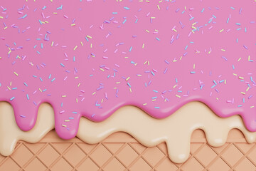 Strawberry and Vanilla Ice Cream Melted with Sprinkles on Wafer Background.,3d model and illustration.