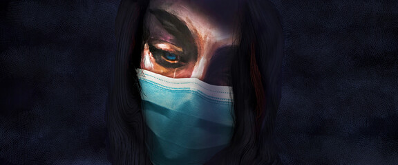 A young woman in a surgical mask sheds a tear during the coronavirus, covid-19 pandemic.