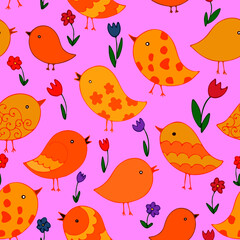 seamless pattern, in bright yellow, baby pattern, decorative small birds, ornament for wallpaper or fabrics, Easter, wrapping paper