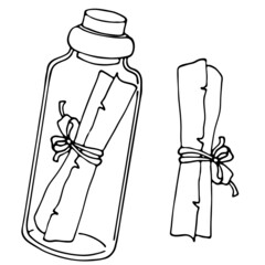 vector illustration in doodle style, in black, vintage letter, message in bottle, isolate on a white background
