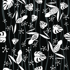 Seamless pattern. White frogs and waves on black backround. Vector illustration.