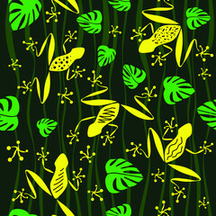 Seamless pattern. Yellow frogs and monstera leaves on black backround. Vector illustration.