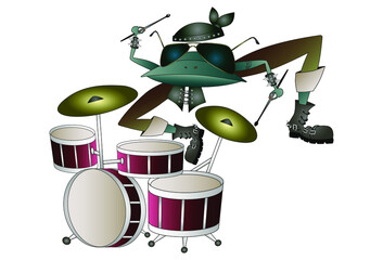 Rock frog with tatoo and fashion glasses playing drums. Cartoon character. Vector illustration