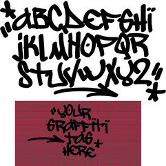 Spray graffiti tagging font and signs (star, arrow, dot, quotation mark). ''Your graffiti tag here''  quote on brick wall background.